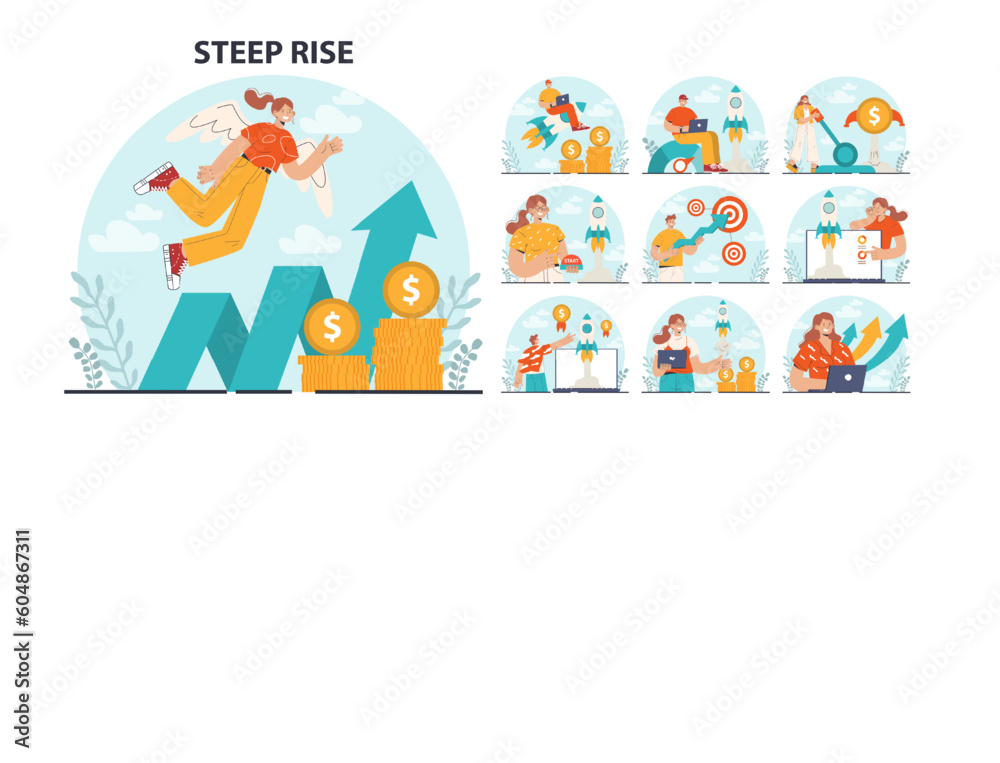 Fototapeta premium Steep rise of business development set. Market boost and profit
