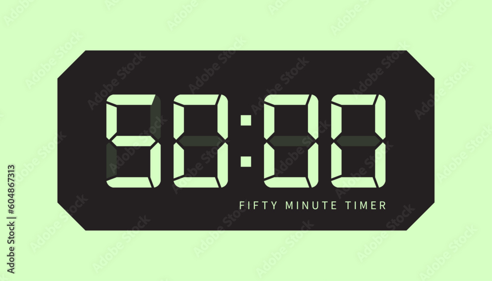 50 Minute Timer Digital Clock Icon, Retro LED Style. Clock, Stop Watch Button, Showing Fifty Minutes State. Countdown, Cooking, Amount Indication. Isolated Vecto 50 Minute Timer Digital Clock Icon, Retro LED Style. Clock, Stop Watch Button, Showing Fifty Minutes State. Countdown, Cooking, Amount Indication. Isolated Vecto