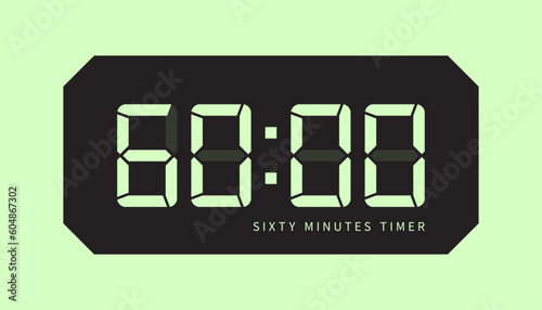 60 Minute Timer Digital Clock Icon, Retro LED Style. Clock, Stop Watch Button, Showing Sixty Minutes State. Countdown, Cooking, Amount Indication. Isolated Vector.