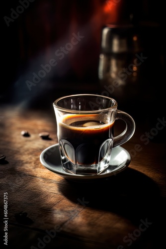 A cup of espresso with coffee beans on a dark background. Copy space. AI generated
