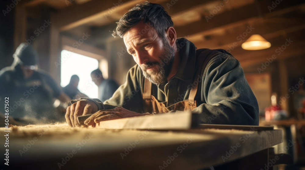A skilled carpenter meticulously works in his sunlit workshop, showcasing his craftsmanship and expertise as he creates masterpieces in wood on a bright, sunny day. .Generative AI A skilled carpenter meticulously works in his sunlit workshop, showcasing his craftsmanship and expertise as he creates masterpieces in wood on a bright, sunny day. .Generative AI
