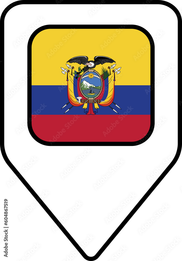 Ecuador flag map pin navigation icon, square design. Ecuador flag map pin navigation icon, square design.