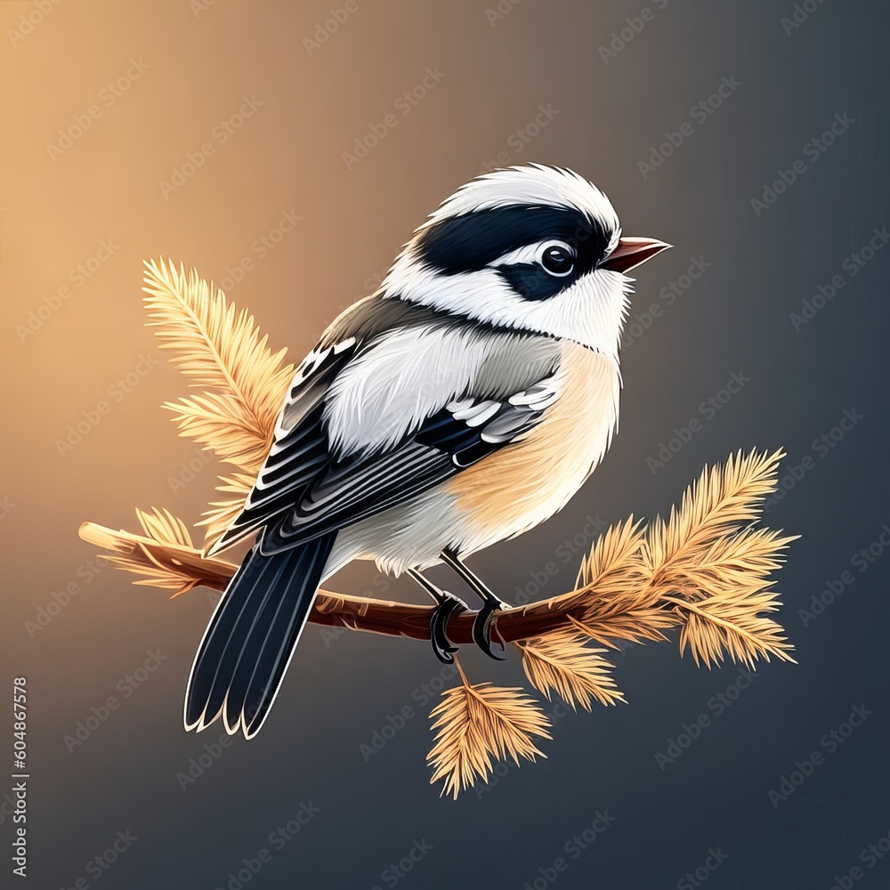 Obraz premium A cheerful and tiny chickadee bird perched on a branch.