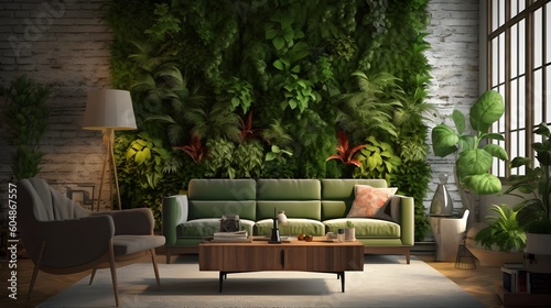 Living wall  Plants on the Wall  Plant decorations  Vertical Green Wall in modern living room interior  generative AI