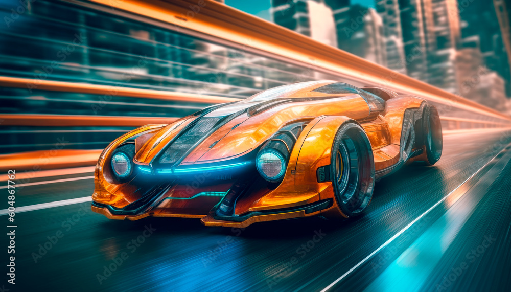 Speeding futuristic sports car on the city streets.AI generated.