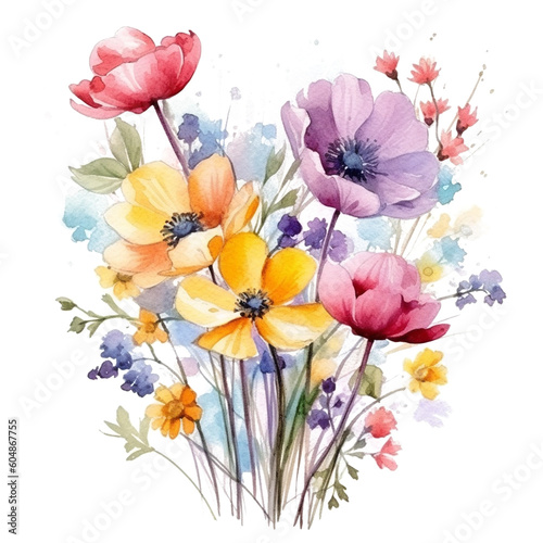 Watercolor Spring Flowers with generative ai technology