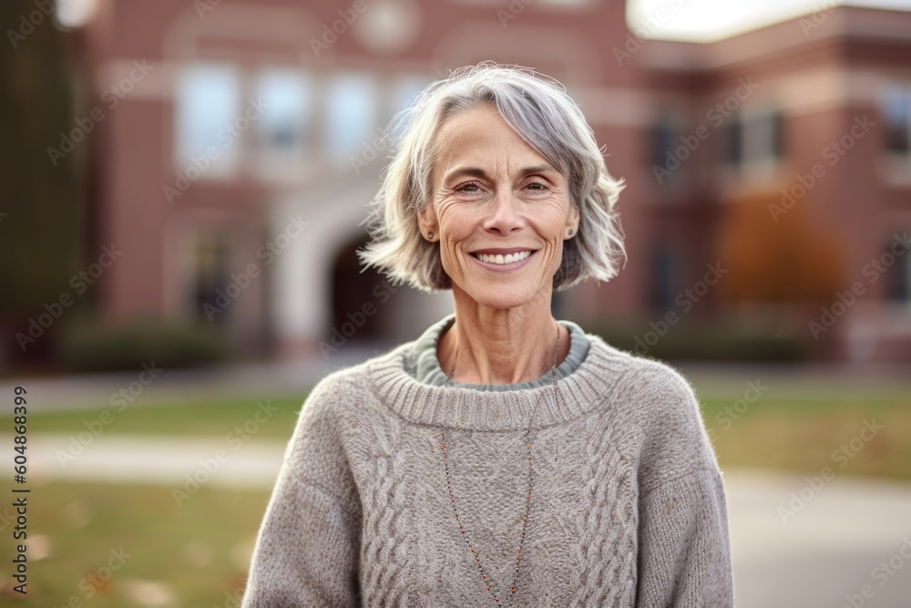 Fototapeta premium Lifestyle portrait photography of a glad mature girl wearing a cozy sweater against a school campus background. With generative AI technology