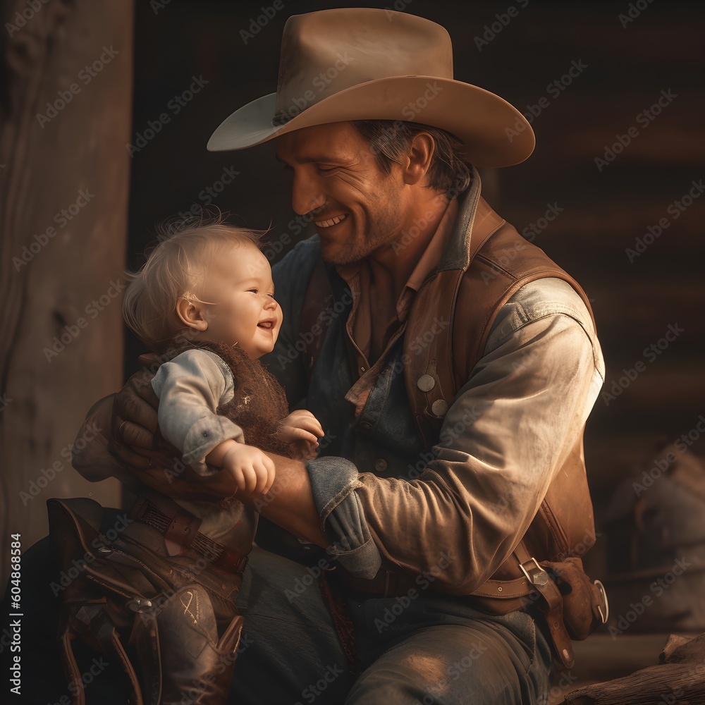 Father having Fun with his Child, Cowboy playing with Baby, generative AI