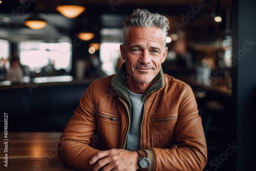 Medium shot portrait photography of a satisfied mature man wearing comfortable jeans against a cozy coffee shop background. With generative AI technology
