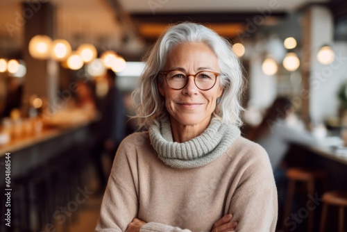 Environmental portrait photography of a glad mature woman wearing a cozy sweater against a cozy coffee shop background. With generative AI technology