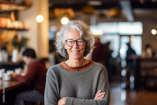 Environmental portrait photography of a happy mature woman wearing a cozy sweater against a cozy coffee shop background. With generative AI technology © Markus Schröder