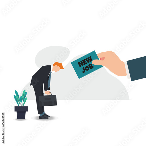 Hand give a new job card. Businessman promoted to new job concept vector illustration