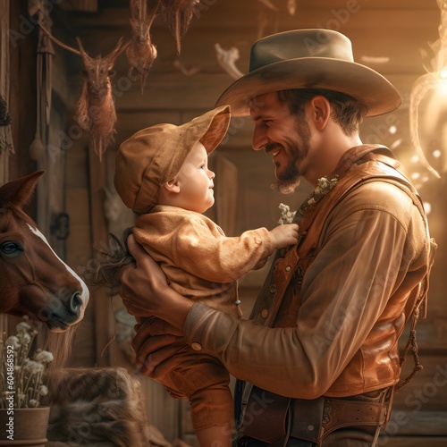 Father having Fun with his Child  Cowboy playing with Baby  generative AI