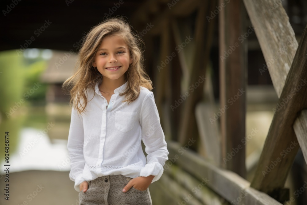 Lifestyle portrait photography of a satisfied kid female wearing a sophisticated blouse against a rustic bridge background. With generative AI technology