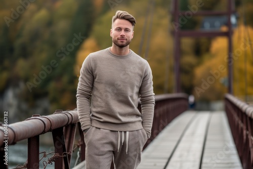 Medium shot portrait photography of a glad boy in his 30s wearing soft sweatpants against a rustic bridge background. With generative AI technology
