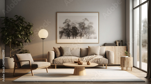 Stylish Living Room Interior with a Tree Frame Poster, Modern interior design, 3D render, 3D illustration © Roman P.