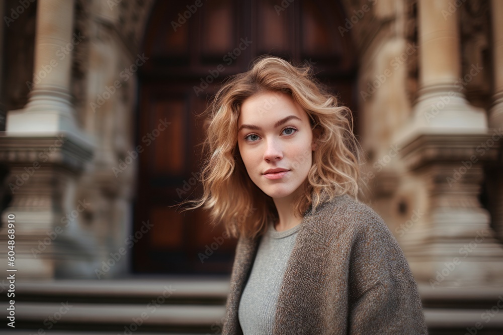 Photography in the style of pensive portraiture of a joyful girl in her 30s wearing a chic cardigan against a historic library background. With generative AI technology