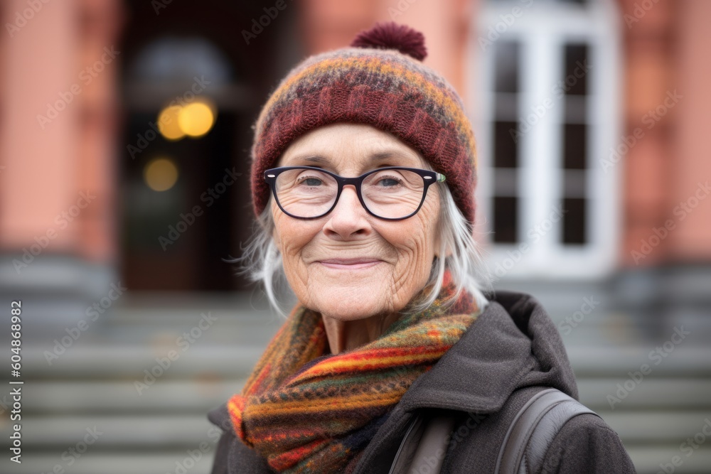 Medium shot portrait photography of a glad old woman wearing a warm beanie or knit hat against a historic library background. With generative AI technology Medium shot portrait photography of a glad old woman wearing a warm beanie or knit hat against a historic library background. With generative AI technology