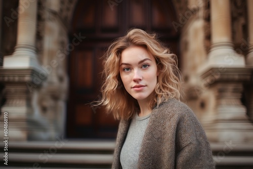 Photography in the style of pensive portraiture of a joyful girl in her 30s wearing a chic cardigan against a historic library background. With generative AI technology © Markus Schröder