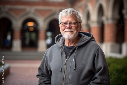 Lifestyle portrait photography of a glad mature man wearing a comfortable hoodie against a historic library background. With generative AI technology © Markus Schröder