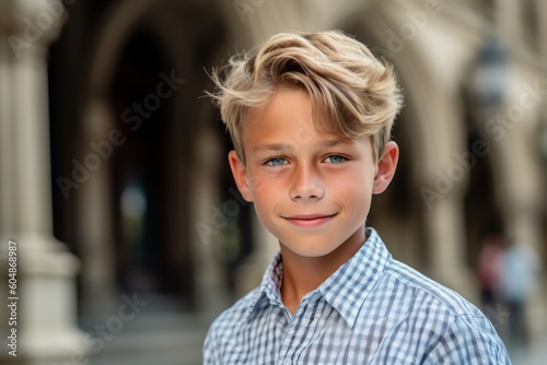 Close-up portrait photography of a satisfied mature boy wearing breezy shorts against a historic library background. With generative AI technology © Markus Schröder