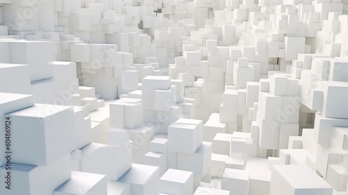 Envision a background filled with three-dimensional, white cube boxes. These cubes have been shifted randomly, creating an intricate mosaic of forms and spaces- illustration