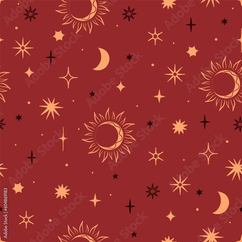 Seamless pattern in boho style with stars and moons on a red background. Vector graphics.