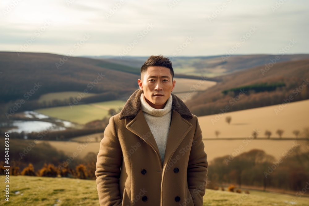 Environmental portrait photography of a satisfied boy in his 30s wearing a cozy winter coat against a rolling hills background. With generative AI technology Environmental portrait photography of a satisfied boy in his 30s wearing a cozy winter coat against a rolling hills background. With generative AI technology