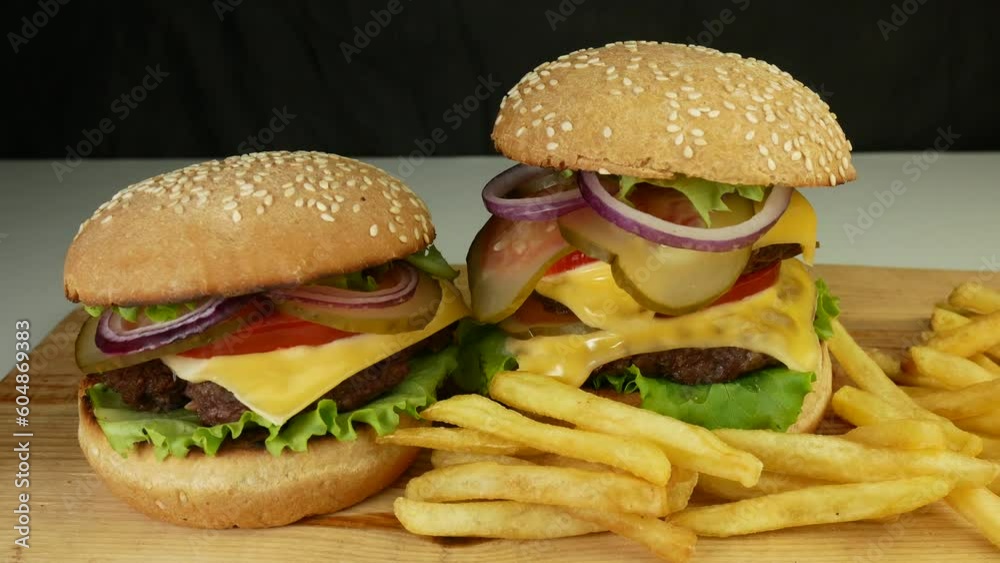 Cheeseburger french fries lie on the table. American fast food. Fast food in the restaurant and on the street. Popular cuisine. Cheeseburger french fries lie on the table. American fast food. Fast food in the restaurant and on the street. Popular cuisine.