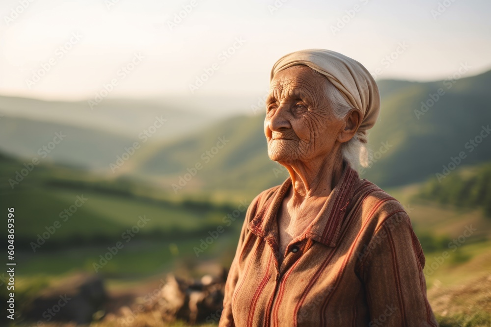 Medium shot portrait photography of a glad old woman wearing a cute crop top against a rolling hills background. With generative AI technology