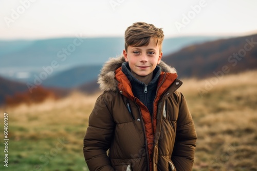 Environmental portrait photography of a satisfied boy in his 30s wearing a cozy winter coat against a rolling hills background. With generative AI technology