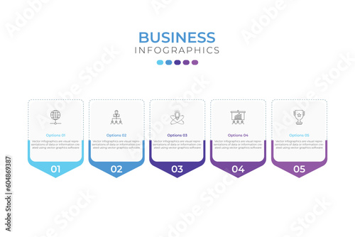 Business infographic thin line process with square template design with icons and 5 options or steps. Vector illustration.