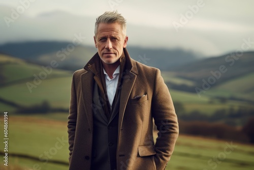 Medium shot portrait photography of a satisfied mature man wearing a versatile overcoat against a rolling hills background. With generative AI technology