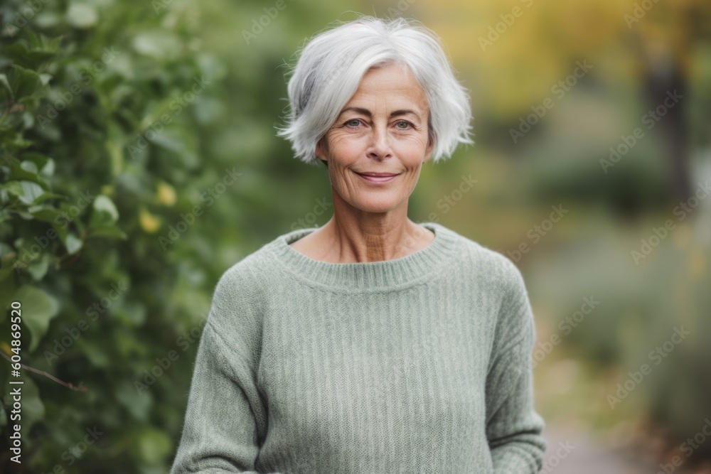 Medium shot portrait photography of a satisfied mature woman wearing a cozy sweater against a botanical garden background. With generative AI technology Medium shot portrait photography of a satisfied mature woman wearing a cozy sweater against a botanical garden background. With generative AI technology