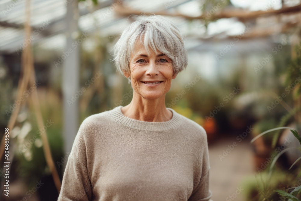 Medium shot portrait photography of a satisfied mature woman wearing a cozy sweater against a botanical garden background. With generative AI technology Medium shot portrait photography of a satisfied mature woman wearing a cozy sweater against a botanical garden background. With generative AI technology