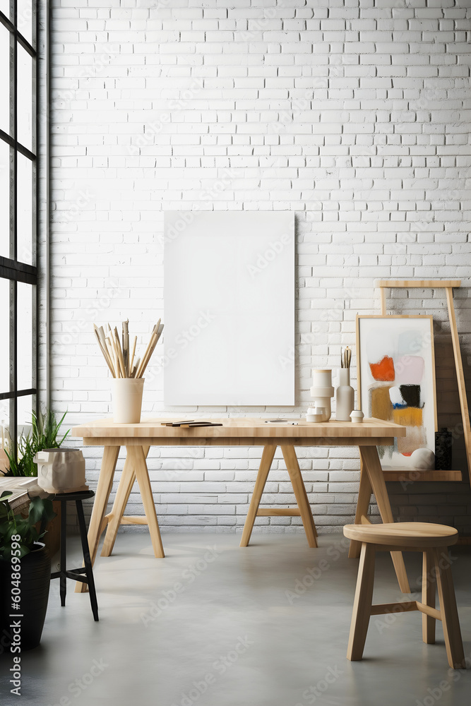 Fototapeta premium Creative Exploration: Vibrant Art Studio Setting Features Blank White Mockup Frame