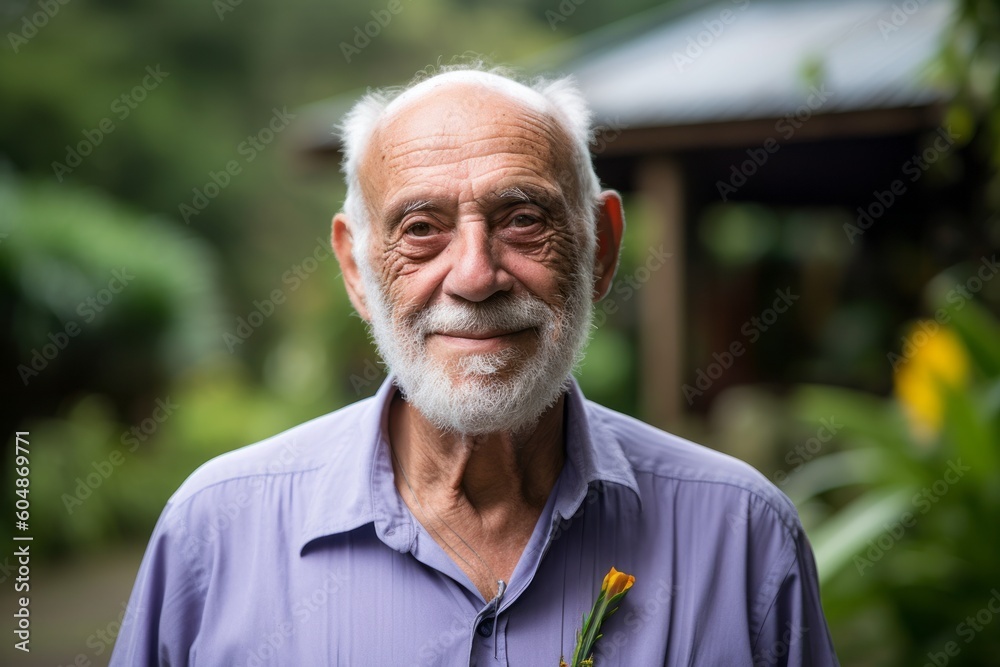 Medium shot portrait photography of a satisfied old man wearing a classy button-up shirt against a botanical garden background. With generative AI technology Medium shot portrait photography of a satisfied old man wearing a classy button-up shirt against a botanical garden background. With generative AI technology