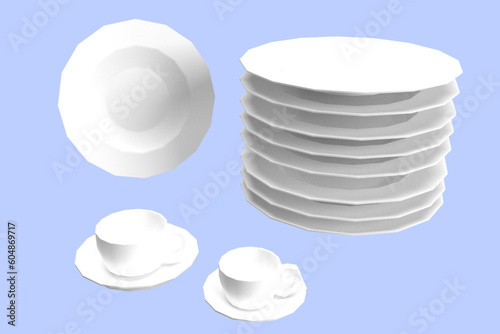 A set of plates and cups with a stack of plates