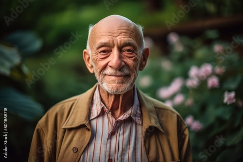 Medium shot portrait photography of a satisfied old man wearing a classy button-up shirt against a botanical garden background. With generative AI technology © Markus Schröder