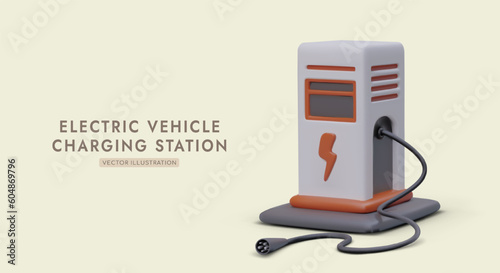 Empty electric charging station for vehicles. Plug with international connector. 3D color illustration for charging station search applications. Power supply