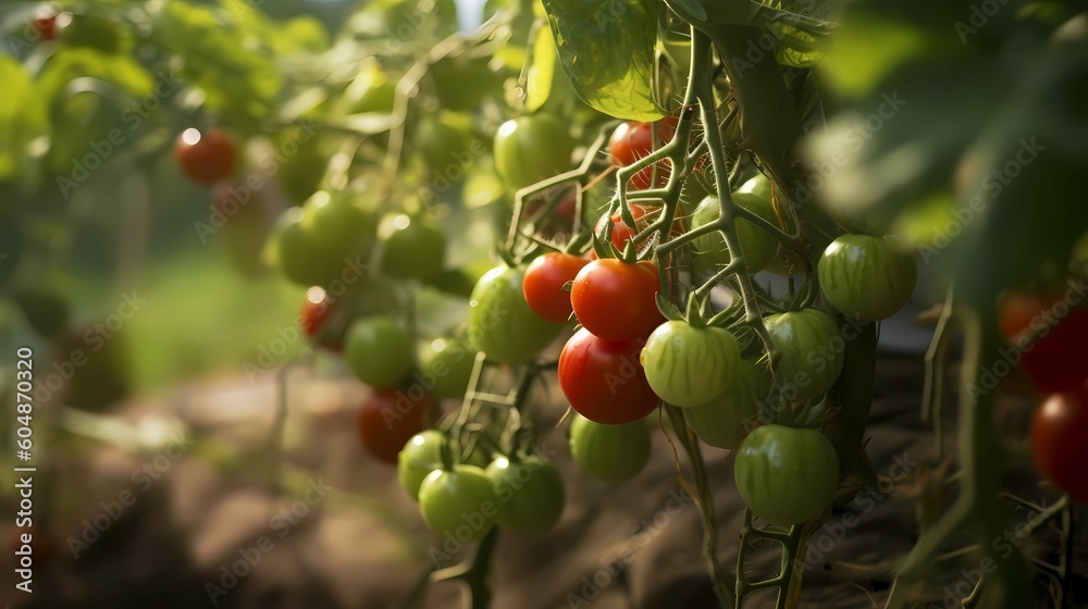 Red and green tomatoes on a branch. Generative AI