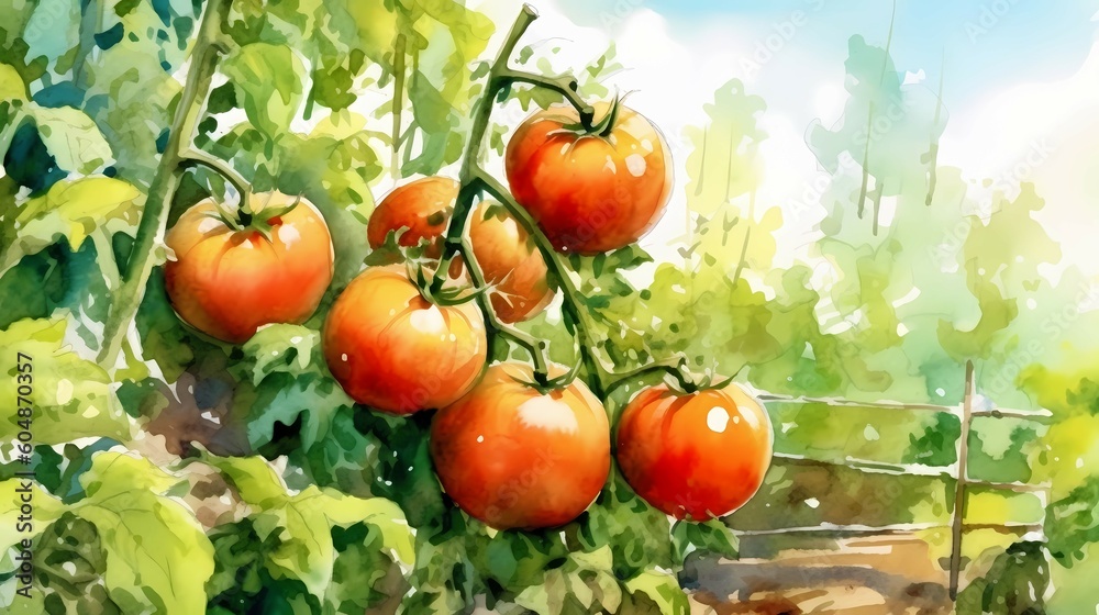 Red ripe tomatoes on a brabch illustration. Generative AI