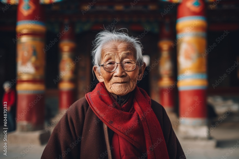 Environmental portrait photography of a glad old woman wearing a chic cardigan against a traditional asian temple background. With generative AI technology