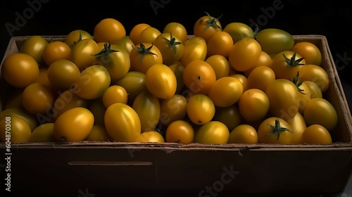 Yellow ripe tomatoes lying on a pile on top of each other. Generative AI