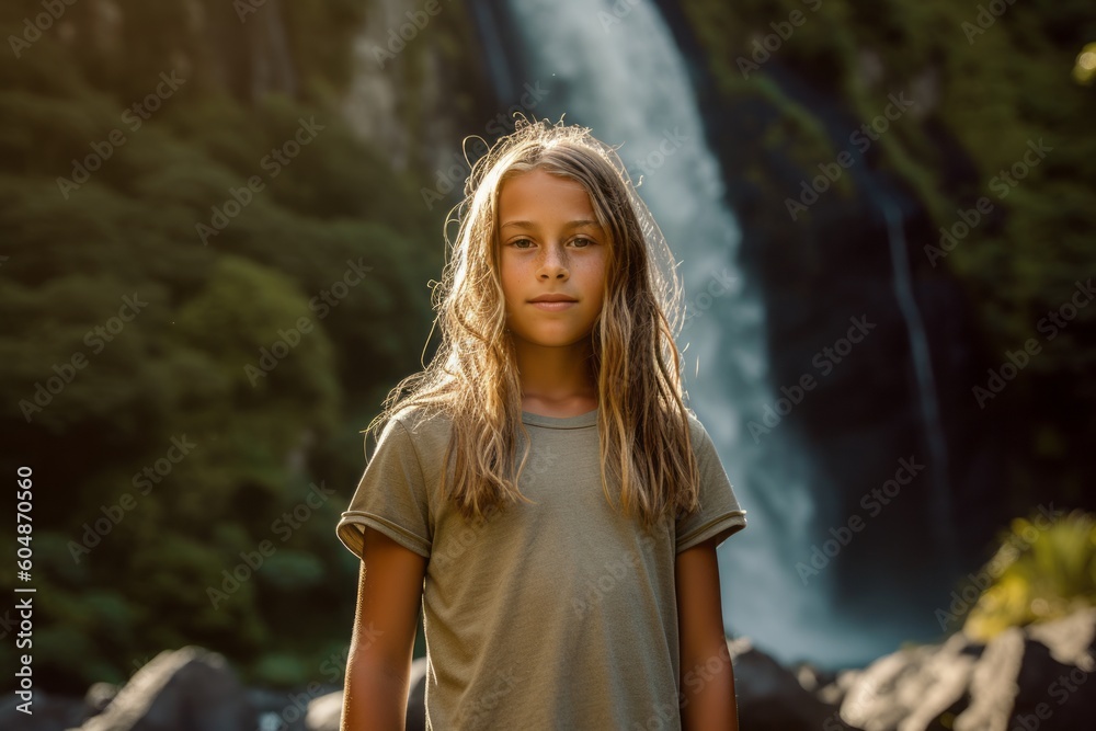 Medium shot portrait photography of a satisfied kid female wearing a casual short-sleeve shirt against a majestic waterfall background. With generative AI technology Medium shot portrait photography of a satisfied kid female wearing a casual short-sleeve shirt against a majestic waterfall background. With generative AI technology