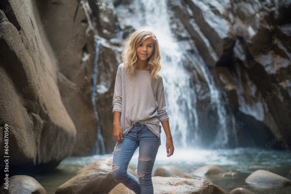 Lifestyle portrait photography of a joyful kid female wearing a comfortable pair of jeggings against a majestic waterfall background. With generative AI technology Lifestyle portrait photography of a joyful kid female wearing a comfortable pair of jeggings against a majestic waterfall background. With generative AI technology