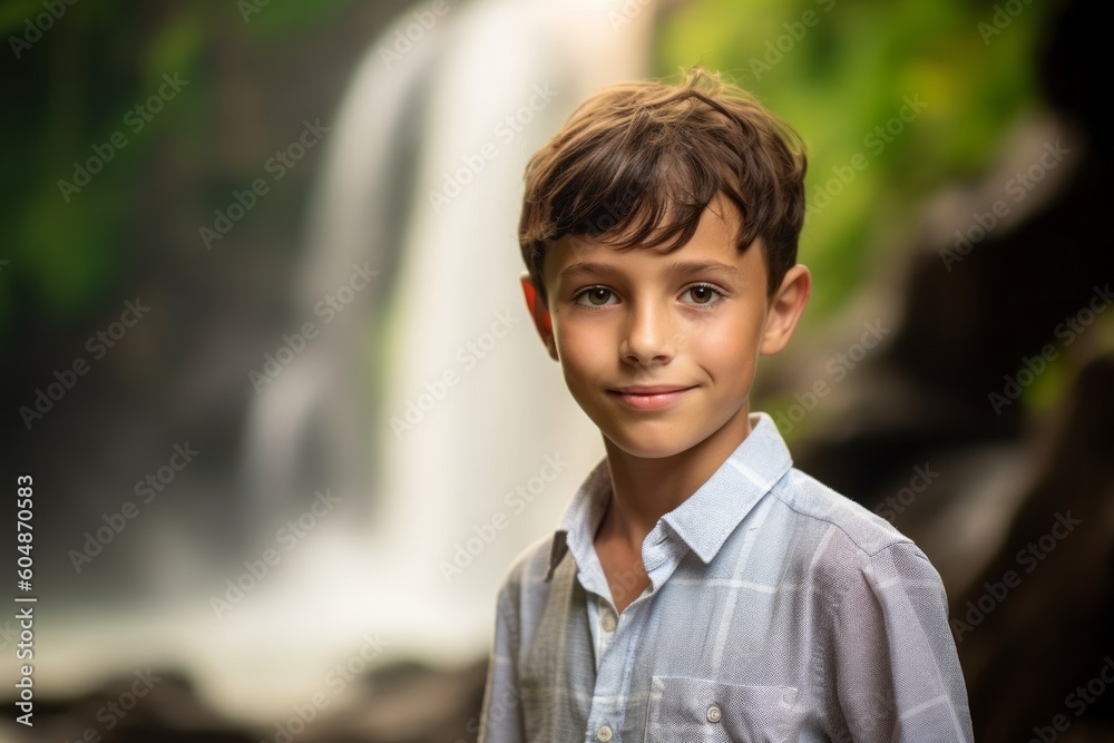Close-up portrait photography of a satisfied kid male wearing a casual short-sleeve shirt against a majestic waterfall background. With generative AI technology Close-up portrait photography of a satisfied kid male wearing a casual short-sleeve shirt against a majestic waterfall background. With generative AI technology