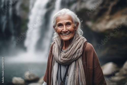 Medium shot portrait photography of a happy old woman wearing a chic cardigan against a majestic waterfall background. With generative AI technology