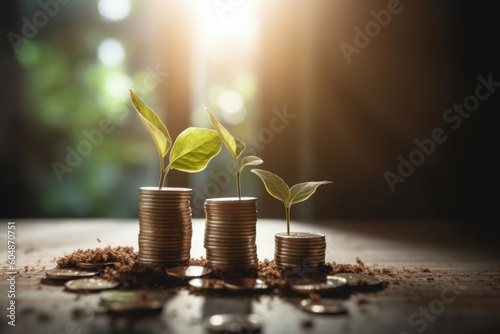A green plant growing from a pile of coins, symbolizing financial growth and prosperity. This concept represents sustainable investment and savings with the use of AI Generative technology.