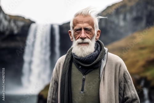 Environmental portrait photography of a satisfied old man wearing a cozy sweater against a majestic waterfall background. With generative AI technology